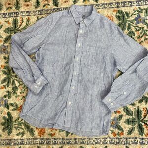 Muji Light Blue white Striped Button-Up Shirt 100% linen size small